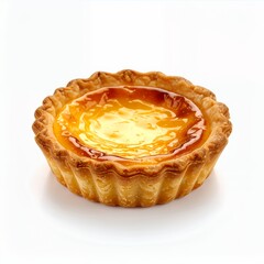Exquisite close-up of golden egg tart, showcasing pastry perfection and filling delicacy on white background