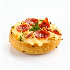 Delicious mini pizza bagel with pepperoni and cheese tempting treat on white background