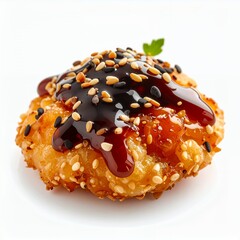 Delicious sweet and sour chicken appetizer topped with sesame seeds on white background