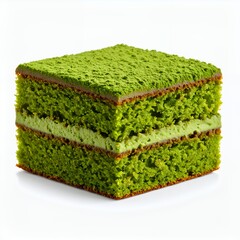 A vibrant green matcha sponge cake dessert displayed symmetrically and beautifully on white background
