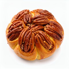 Delicious pecan pastry roll with a sweet glaze tempting dessert treat on white background