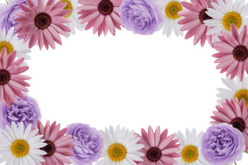 Obraz premium Floral frame with pink gerbera daisies, white daisies, and lilac roses on a transparent background. background removed