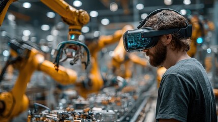 Engineer Inspects Automated Assembly Line With Vr Headset At Manufacturing Plant
