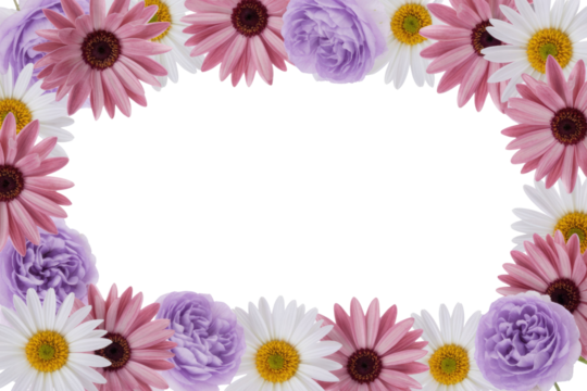 Floral frame with pink gerbera daisies, white daisies, and lilac roses on a transparent background. background removed - Powered by Adobe