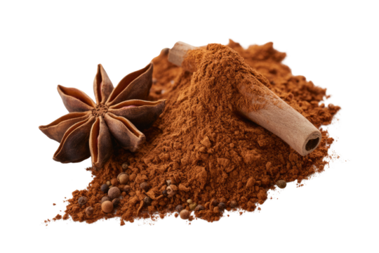 Close-up of cinnamon powder, star anise, and cinnamon stick on a transparent background. background removed