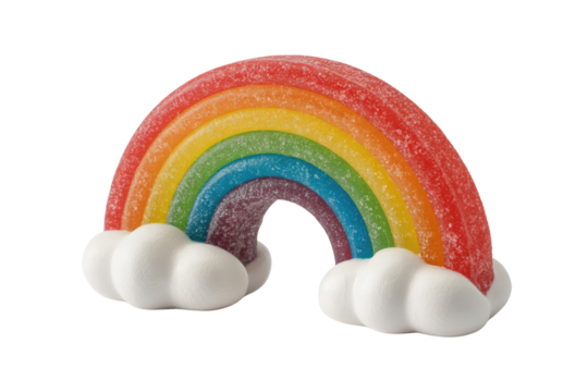 Rainbow-shaped gummy candy rests on white cloud-like bases, isolated on transparent background. background removed