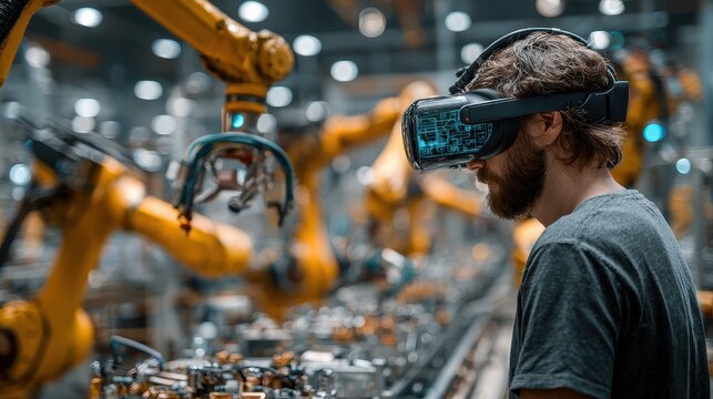 Engineer Inspects Automated Assembly Line With Vr Headset At Manufacturing Plant