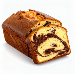 Delicious swirled marble loaf cake freshly baked and sliced showing interior design on white background