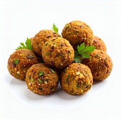 Delicious falafel balls arranged with fresh parsley sprigs, showcasing culinary delight on white background