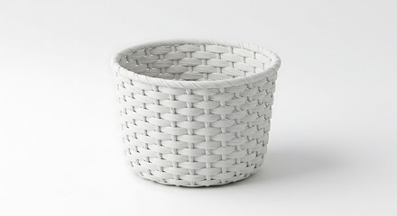 A white woven basket with a textured surface on a plain white background.