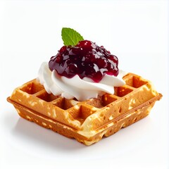 Delicious waffle adorned with cream and berry compote, a tempting treat on white background