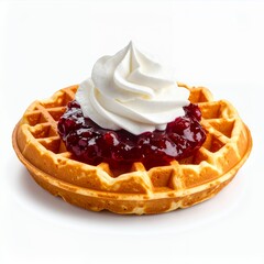 Golden waffle adorned with vibrant berry compote and creamy dollop on white background