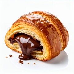 Golden brown croissant overflowing with decadent chocolate ganache indulgence on white background
