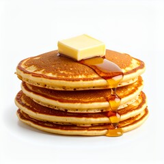 Stack of fluffy pancakes drizzled with syrup and a butter square breakfast treat on white background