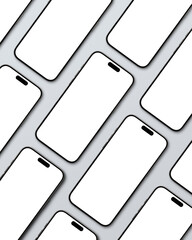 Multiple smartphones with blank screens arranged on gray background