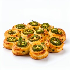 Spicy jalapeno rolls arranged in a close up still life photo on white background