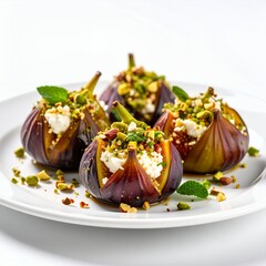 Artistic arrangement of stuffed figs adorned with pistachios and mint on white background
