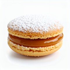Delicate alfajor cookie filled with dulce de leche and dusted sugar confectionery on white background