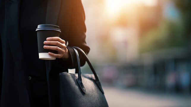 Business woman holding coffee cup and leather bag on morning urban street - Powered by Adobe