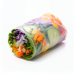 Fresh spring roll showcasing vibrant vegetables wrapped in rice paper on white background