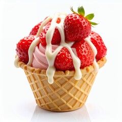 Delicate strawberry treat in waffle cone with creamy swirls displayed attractively on white background