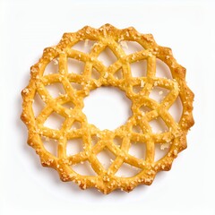 Delicate lattice patterned circular pastry, golden brown hue, intricate design on white background
