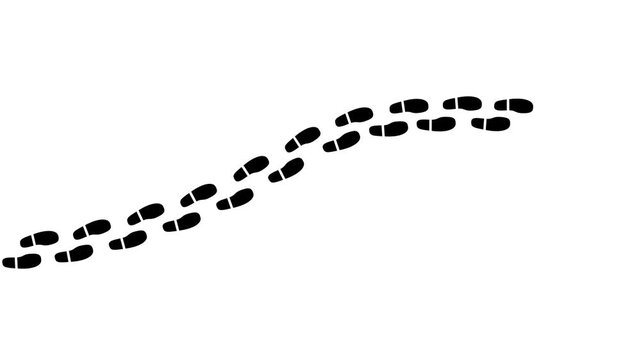 Black shoe footsteps walking motion animation with curved direction on white background and green screen. 4K animated icon footsteps trail for motion graphics, travel, and journey map route.