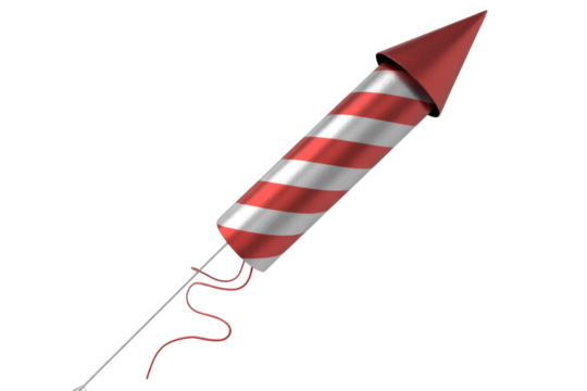 A red and silver firework rocket with a pointed cone, ready to launch, isolated on transparent background. background removed