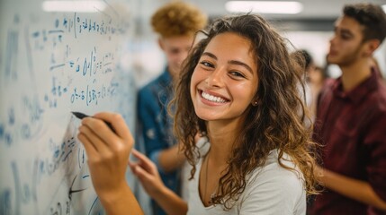 happy college student writing equation on white board in class satisfied young girl solving math problem on whiteboard with classmates in background watching her proud high school student writing no