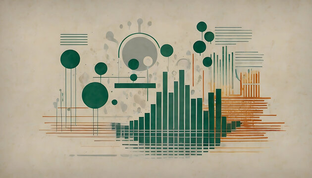 Abstract infographic representing data analysis and growth, featuring bar charts, circles, and lines on a textured background, suitable for technology, finance, and business concepts.