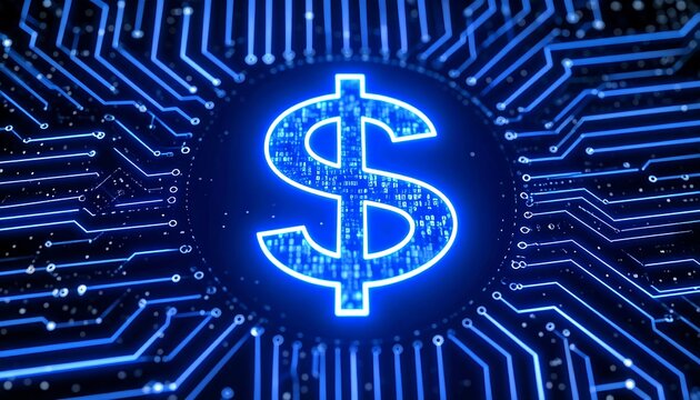 Glowing blue dollar sign within a circuit board, representing digital finance and technology - Powered by Adobe