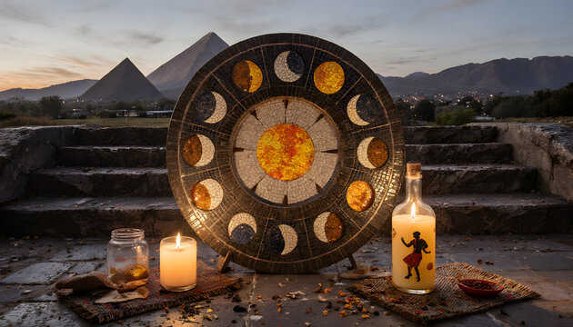 Zapotec yagul calendar glowing at sunset with candles in Oaxaca Mitla  