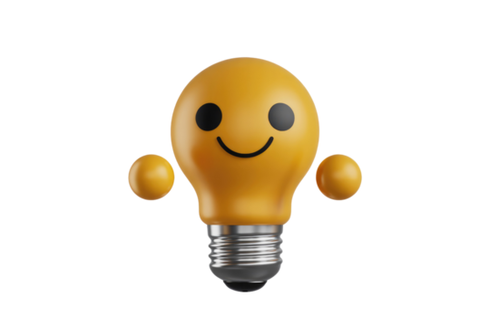 A happy, yellow lightbulb character with two small yellow spheres, symbolizing positivity and bright ideas. background removed