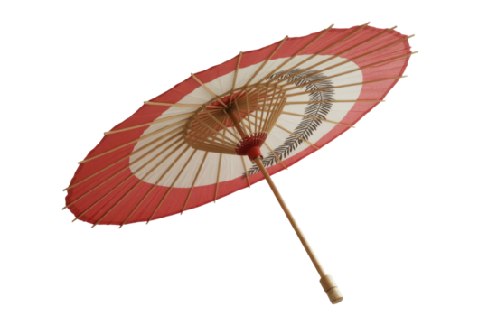 A red and white Japanese paper umbrella with a leaf design, isolated on a transparent background. background removed