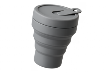 Gray reusable foldable silicone coffee cup with lid on transparent background