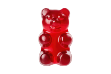 A single, red gummy bear candy, isolated on a transparent background. background removed