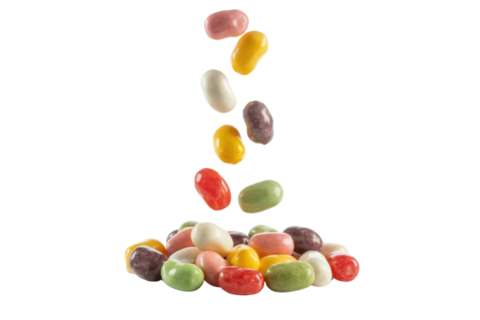 Colorful candy beans falling onto a pile of similar candies against a transparent background. background removed
