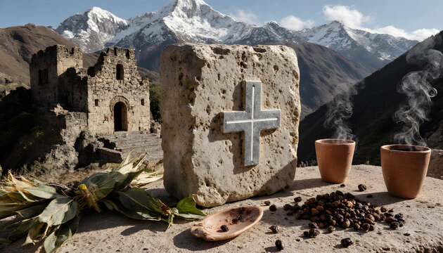 Inca Intihuatana carving with Chakana cross in Andes mountains  