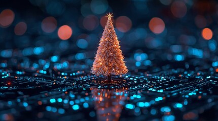 Shining Christmas tree with glowing lights on futuristic circuit board, digital holiday celebration concept, modern cyber technology decoration for Christmas and New Year season