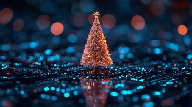Shining Christmas tree with glowing lights on futuristic circuit board, digital holiday celebration concept, modern cyber technology decoration for Christmas and New Year season - Powered by Adobe
