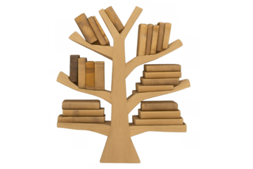 Wooden tree bookshelf holding several books with transparent background