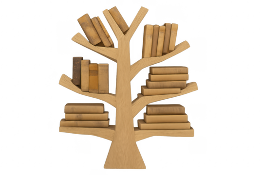Wooden tree bookshelf holding several books with transparent background