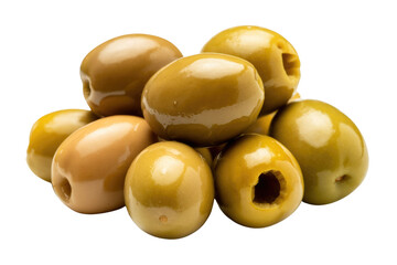 A pile of shiny, green olives, isolated on a transparent background.  Perfect for Mediterranean cuisine. background removed