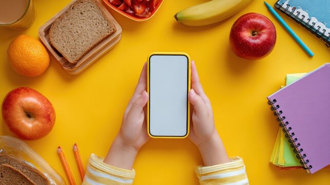 flat lay top view of child hands with smartphone healthy snack and back to school concept no logos no brands ar 169