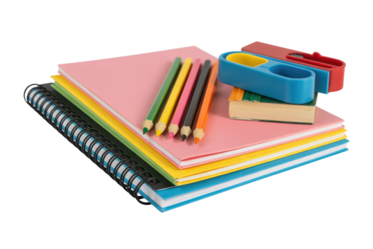 Stack of colorful notebooks, pencils, and a sharpener; back to school supplies. background removed