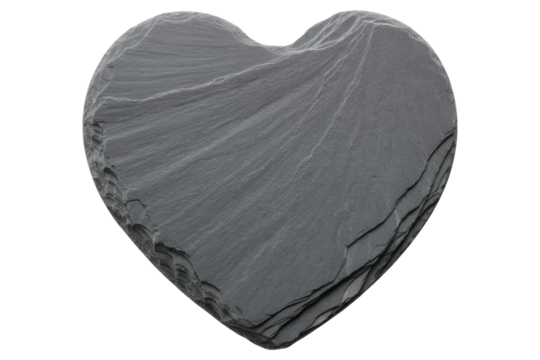 A heart-shaped piece of dark gray slate, isolated on transparent background, showcasing its natural texture and rough edges. background removed