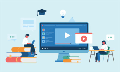 Online video learning, students using laptop, digital education, remote study, e-learning concept, virtual classroom, internet study, modern educational technology