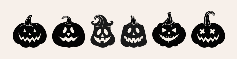 Halloween pumpkin faces set with spooky Jack Lantern  silhouettes. Scary and funny carved icons in vector style. Perfect for stickers, logos, prints, and holiday decorations.