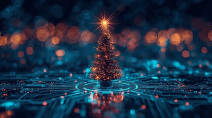 Shining Christmas tree with glowing lights on futuristic circuit board, digital holiday celebration concept, modern cyber technology decoration for Christmas and New Year season