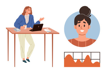 Professional presenting statistics using laptop while standing near table. Circular profile photo and graph included. Ideal for business, analytics, presentation, leadership, marketing, team